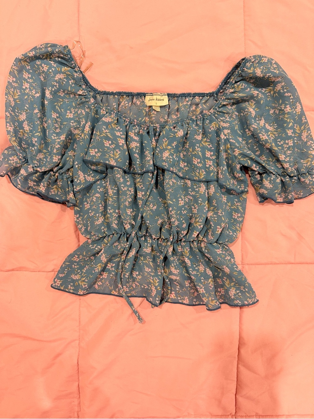 Free Kisses Blue Floral Off-Shoulder Ruffle Peplum Top